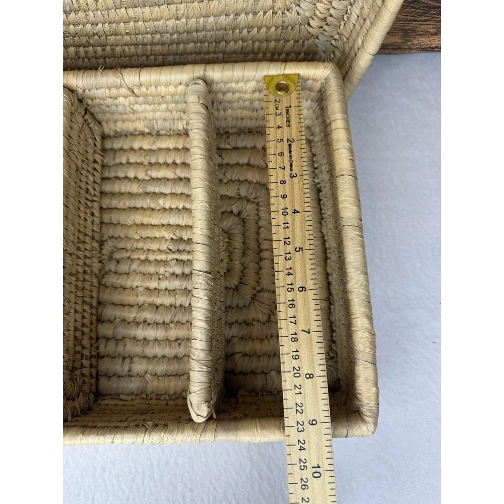 Handwoven Wicker‎ Lidded Basket Organizer Box 3 Compartments Boho Storage 9x12